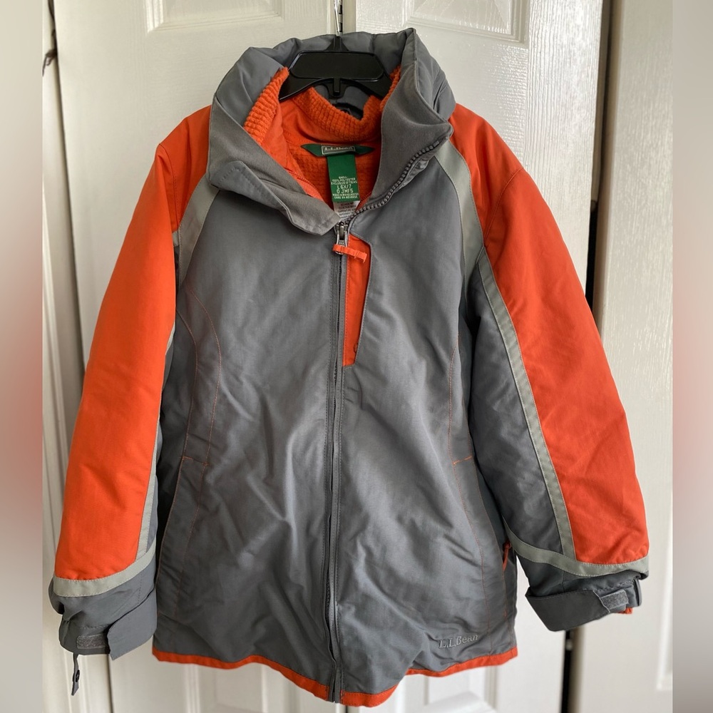 LL bean 2 in 1 kids coat 
Orange/grey
Zip out liner/lightweight jacket
Boys 6x-7
